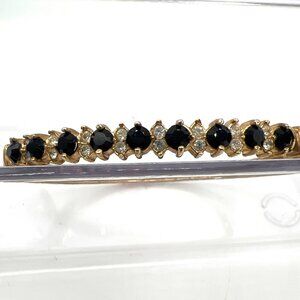 Vintage Hinged Bangle Bracelet Gold Tone Black & Clear Rhinestones